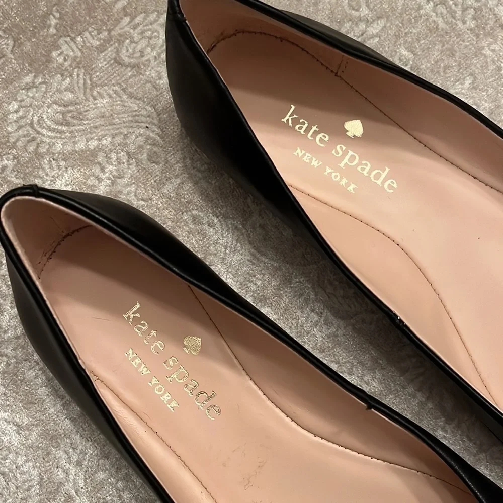 Brand New Kate Spade Genuine Leather Black Flats Slip On Shoes Silver Tone Logo